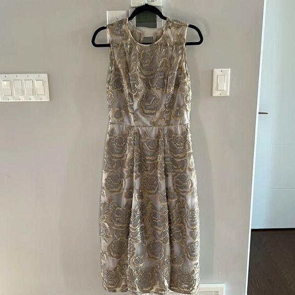 BHLDN x  Hitherto Anthropologie Eleanor Metallic Gold Silver Floral Dress - Picture 9 of 9
